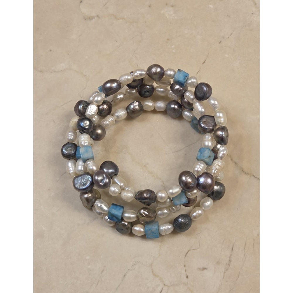 Genuine Multi Pearl Spiral Wrap Memory Bracelet 4 Wrap 7"